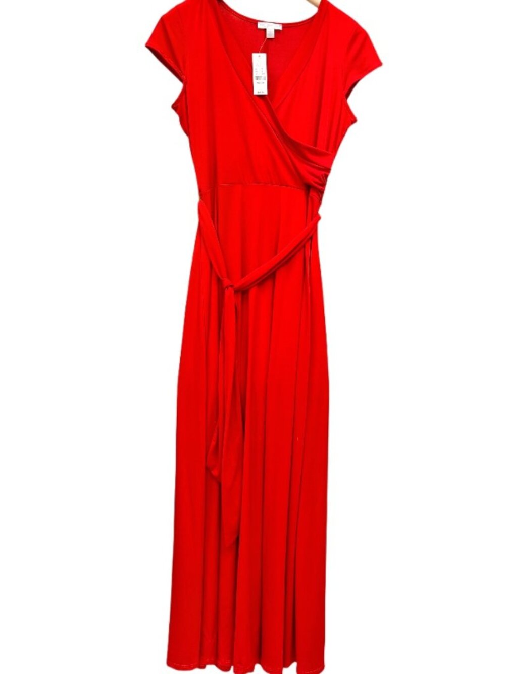 NY Company Stretch NEW Red Wrap Breathable V-neck Belted Flowy Short Sleeve